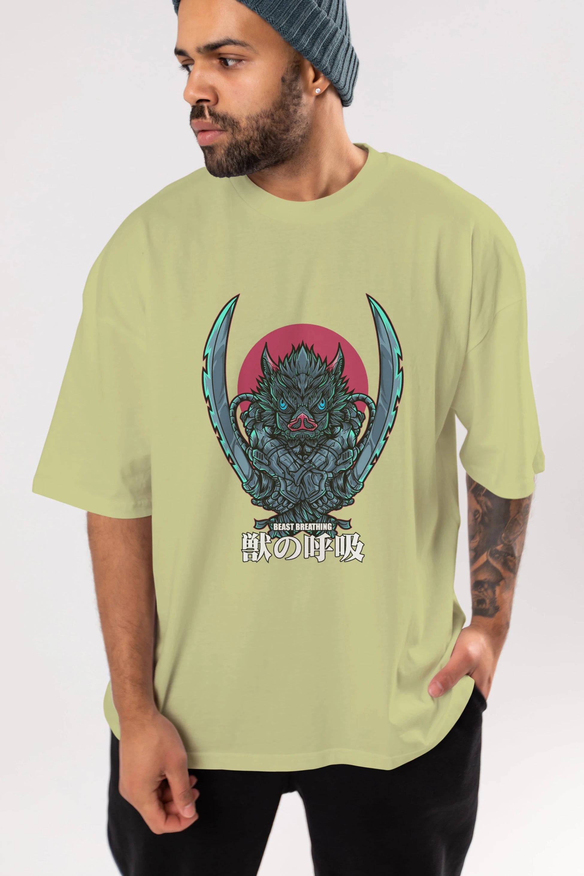 Inosuke DEMON SLAYER Anime Ön Baskılı Oversize t-shirt %100 pamuk Erkek Kadın Unisex