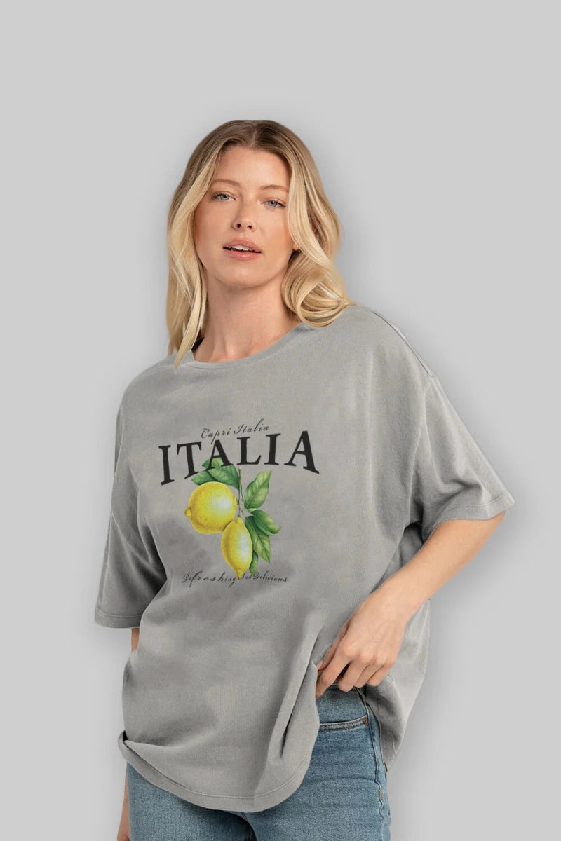 italia Lemon Ön Baskılı Oversize t-shirt Erkek Kadın Pamuk Bisiklet Yaka tişort - Cilexi