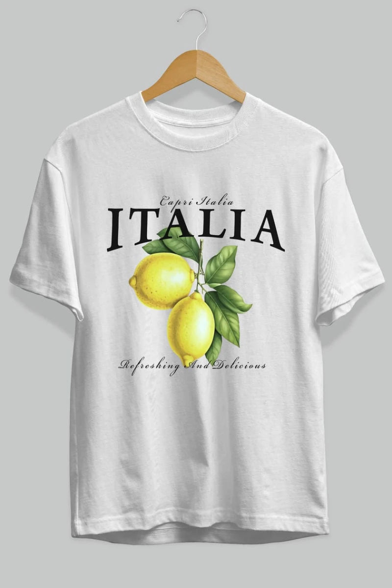 italia Lemon Ön Baskılı Oversize t-shirt Erkek Kadın Pamuk Bisiklet Yaka tişort - Cilexi