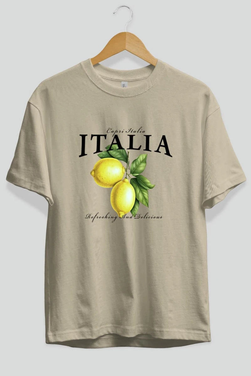 italia Lemon Ön Baskılı Oversize t-shirt Erkek Kadın Pamuk Bisiklet Yaka tişort - Cilexi