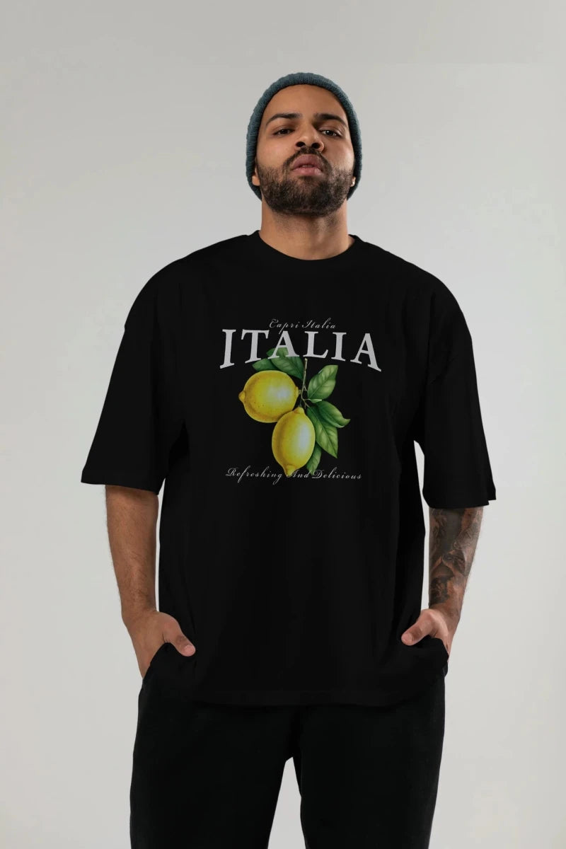 italia Lemon Ön Baskılı Oversize t-shirt Erkek Kadın Pamuk Bisiklet Yaka tişort - Cilexi