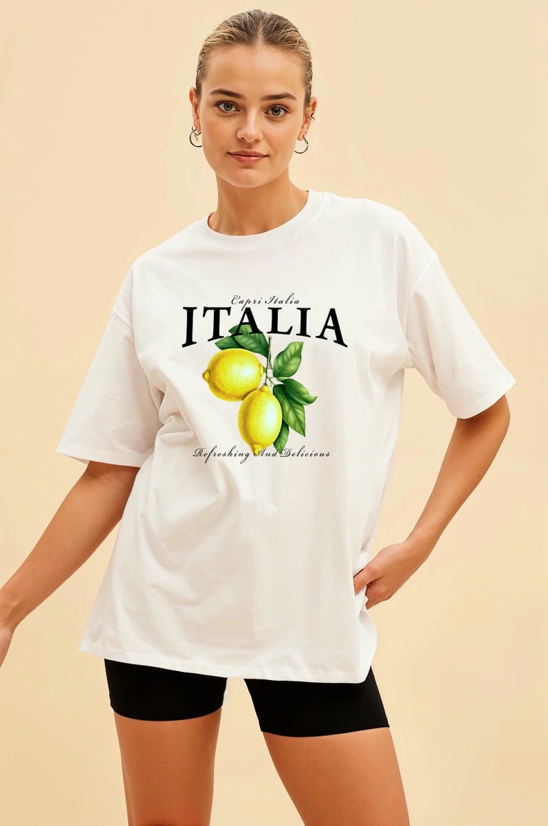 italia Lemon Ön Baskılı Oversize t-shirt Erkek Kadın Pamuk Bisiklet Yaka tişort - Cilexi