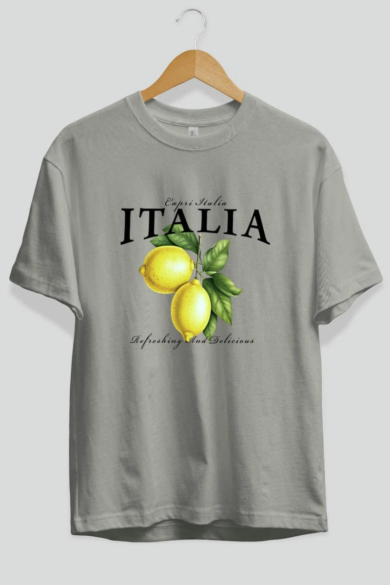 italia Lemon Ön Baskılı Oversize t-shirt Erkek Kadın Pamuk Bisiklet Yaka tişort - Cilexi