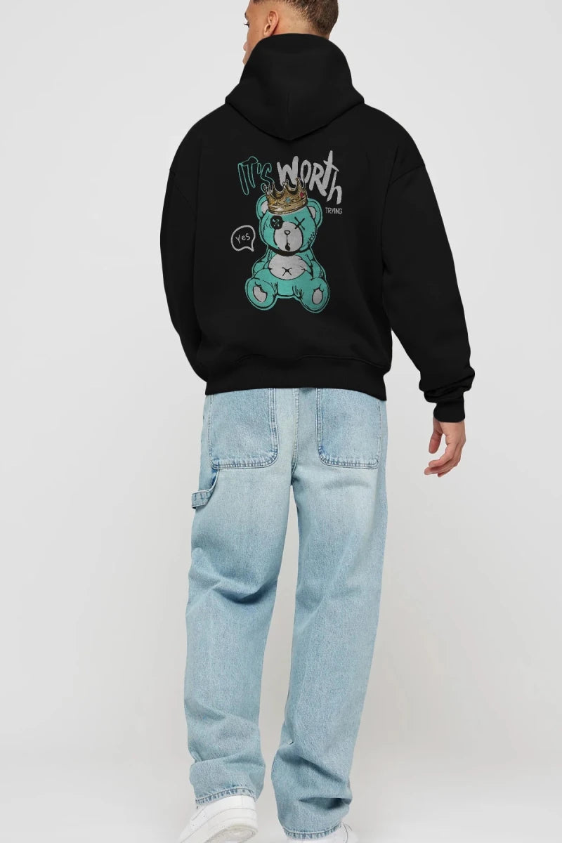 its Worth Trying Bear Arka Baskılı Hoodie Oversize Kapüşonlu Sweatshirt Erkek Kadın Unisex - Cilexi