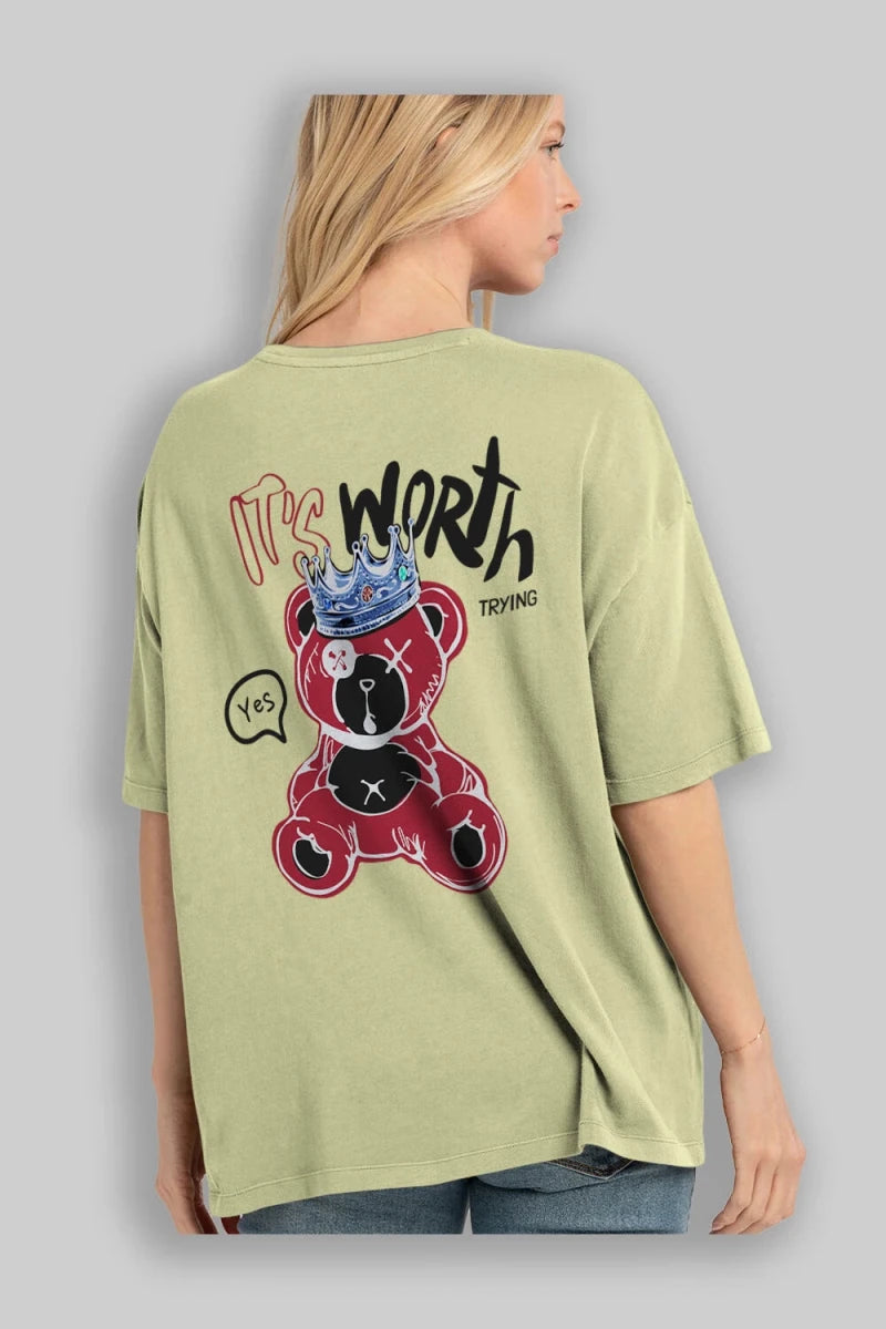 its Worth Trying Bear Arka Baskılı Oversize t-shirt Erkek Kadın Unisex - Cilexi