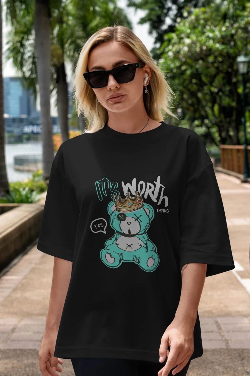 its Worth Trying Bear Ön Baskılı Oversize t-shirt Erkek Kadın Unisex - Cilexi