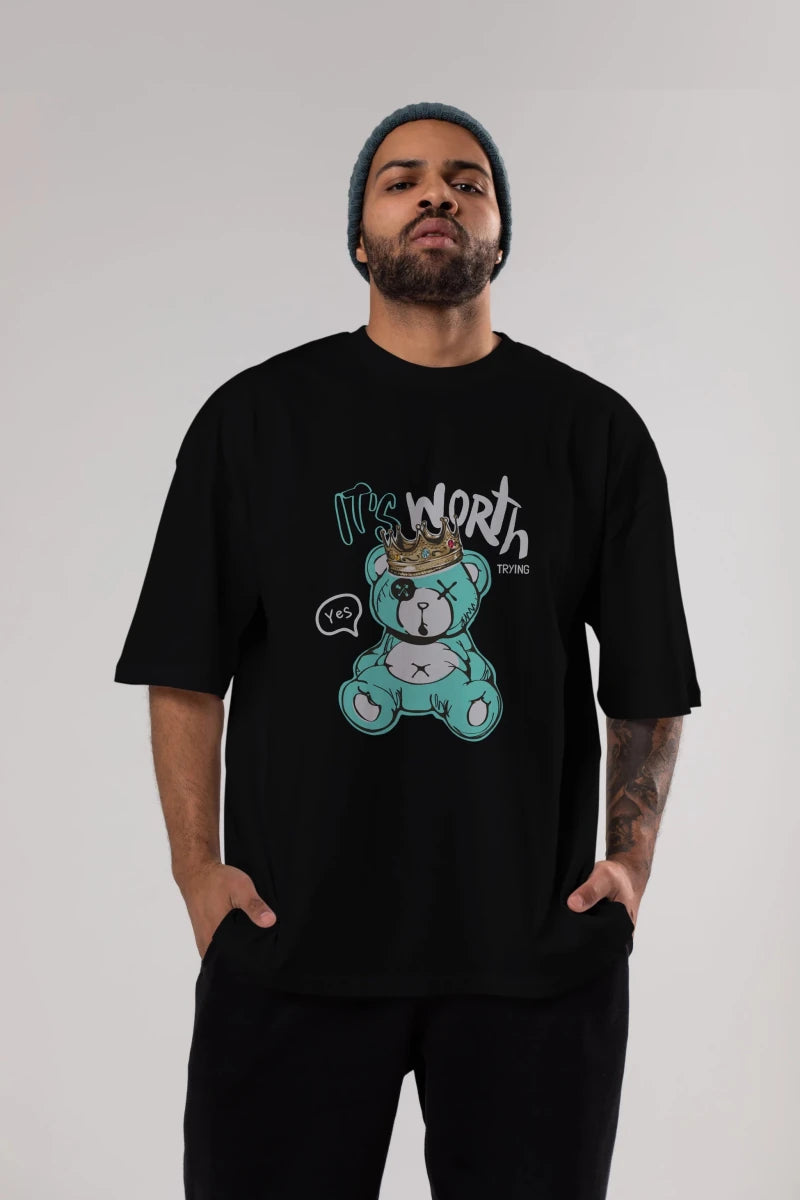 its Worth Trying Bear Ön Baskılı Oversize t-shirt Erkek Kadın Unisex - Cilexi