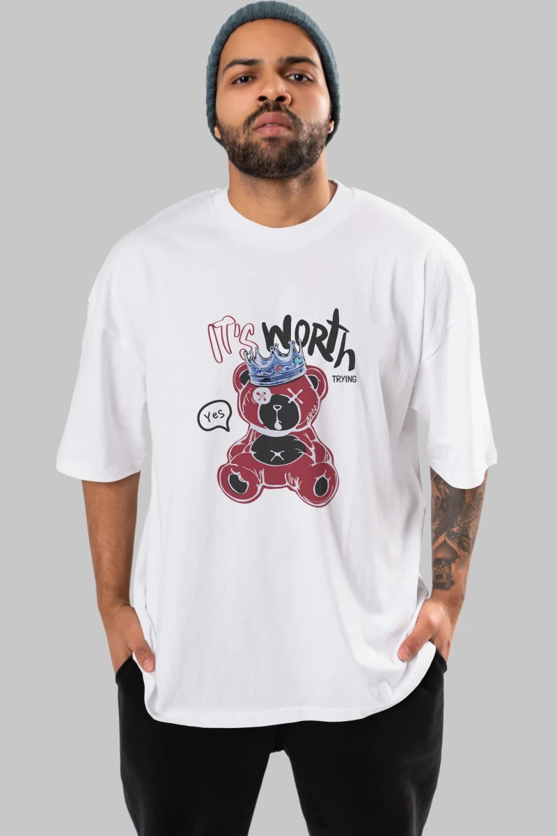 its Worth Trying Bear Ön Baskılı Oversize t-shirt Erkek Kadın Unisex - Cilexi