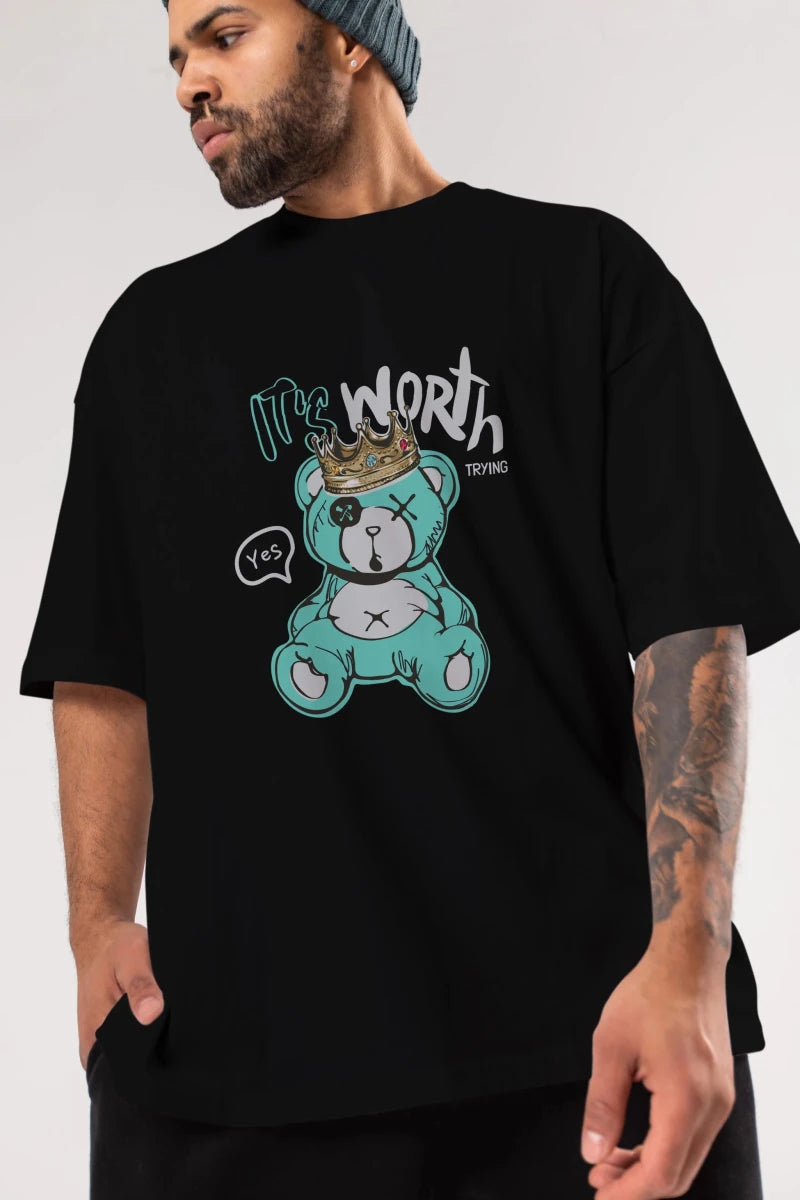 its Worth Trying Bear Ön Baskılı Oversize t-shirt Erkek Kadın Unisex - Cilexi