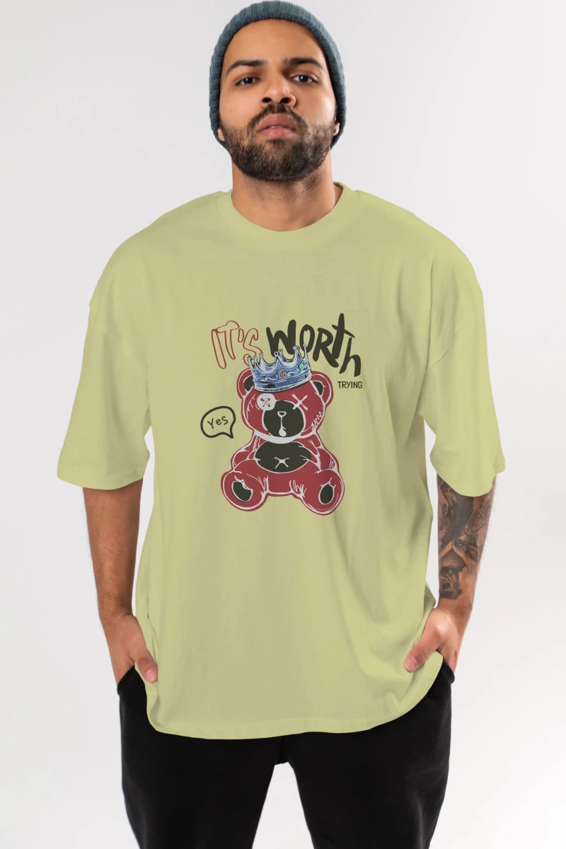 its Worth Trying Bear Ön Baskılı Oversize t-shirt Erkek Kadın Unisex - Cilexi