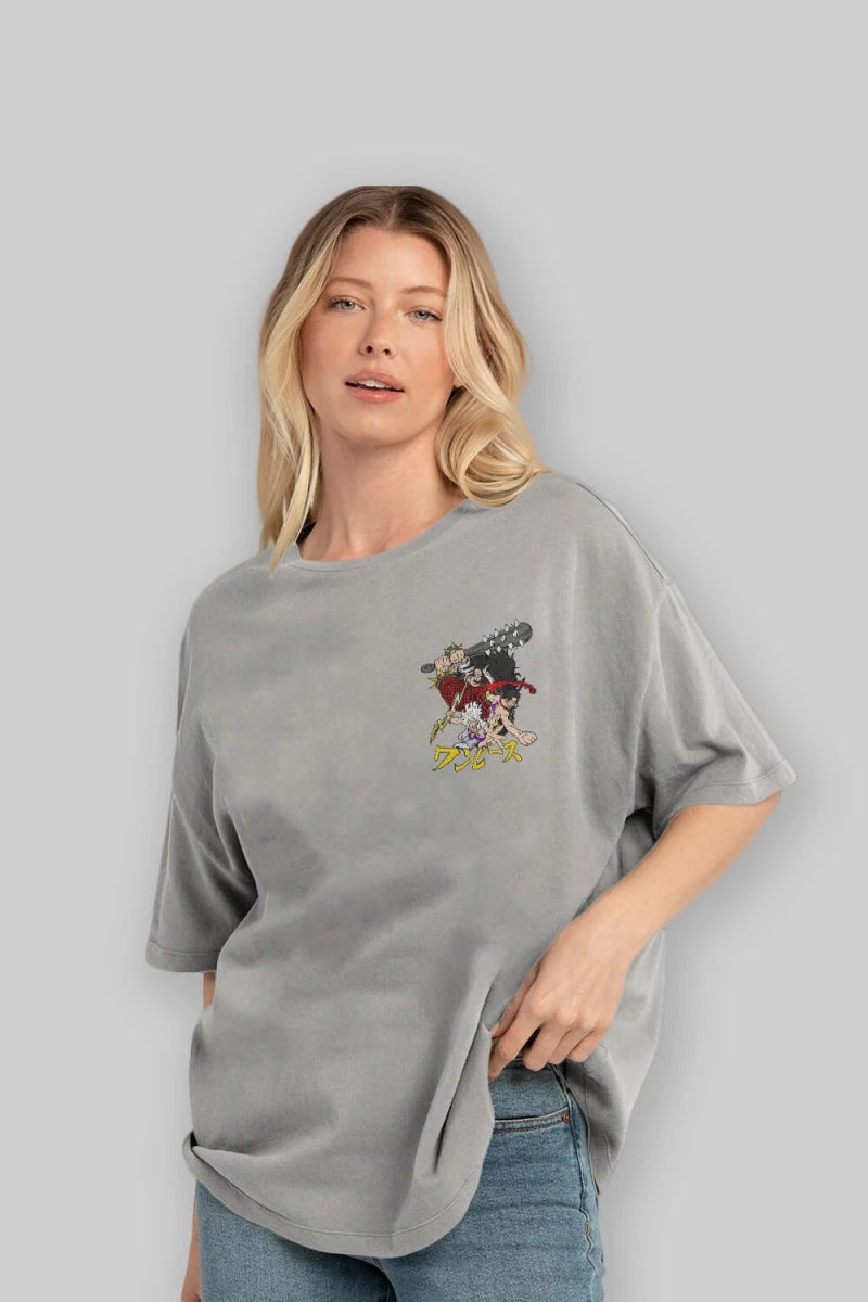 luffyacekaido Ön Sol Baskılı Oversize t-shirt Erkek Kadın Unisex %100 Pamuk Bisiklet Yaka tişort - Cilexi