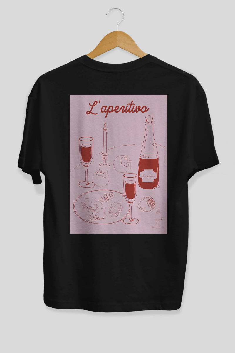 Şampanya L'aperitivo Arka Baskılı Oversize t-shirt Erkek Kadın Unisex %100 Pamuk Bisiklet Yaka tişort - Cilexi