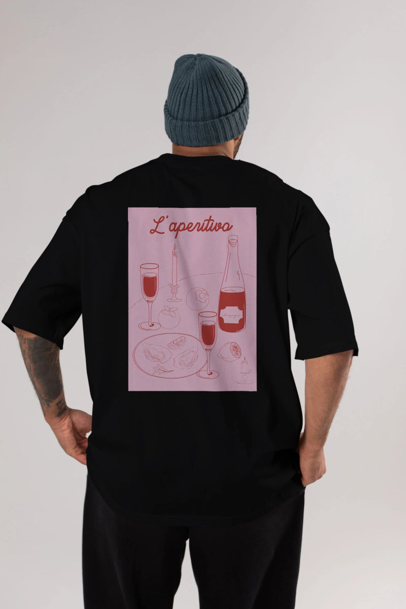 Şampanya L'aperitivo Arka Baskılı Oversize t-shirt Erkek Kadın Unisex %100 Pamuk Bisiklet Yaka tişort - Cilexi