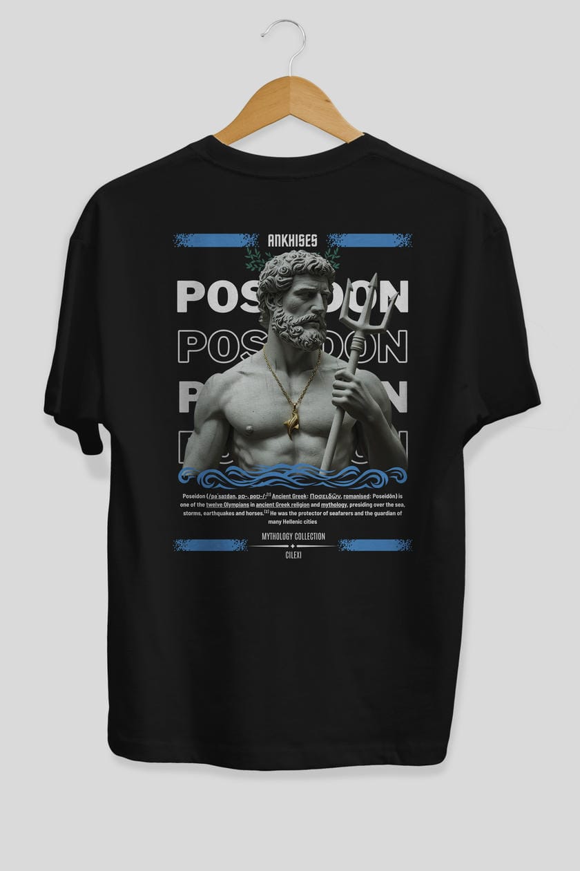 Poseidon 3 Arka Baskılı Oversize t-shirt Erkek Kadın %100 Pamuk Bisiklet Yaka tişort