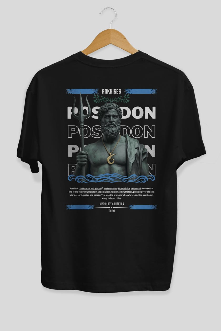 Poseidon 1 Arka Baskılı Oversize t-shirt Erkek Kadın %100 Pamuk Bisiklet Yaka tişort