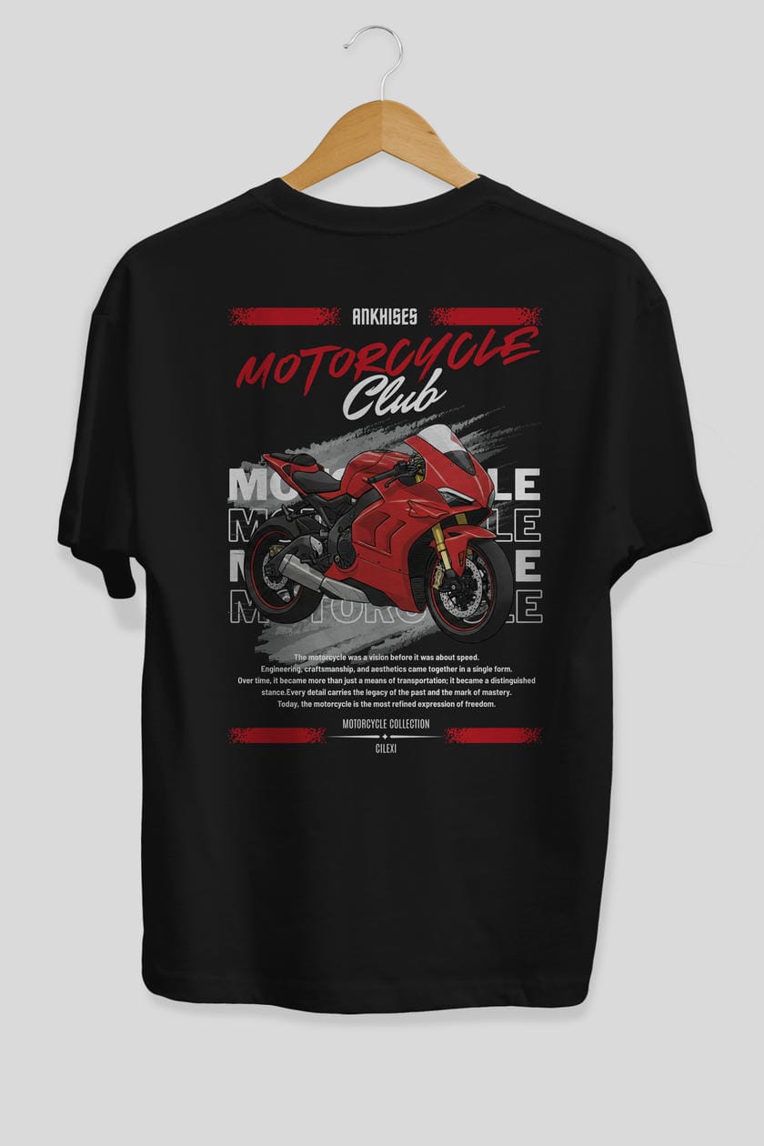 Motosiklet Serisi 7 Arka Baskılı Oversize t-shirt Erkek Kadın %100 Pamuk Bisiklet Yaka tişort