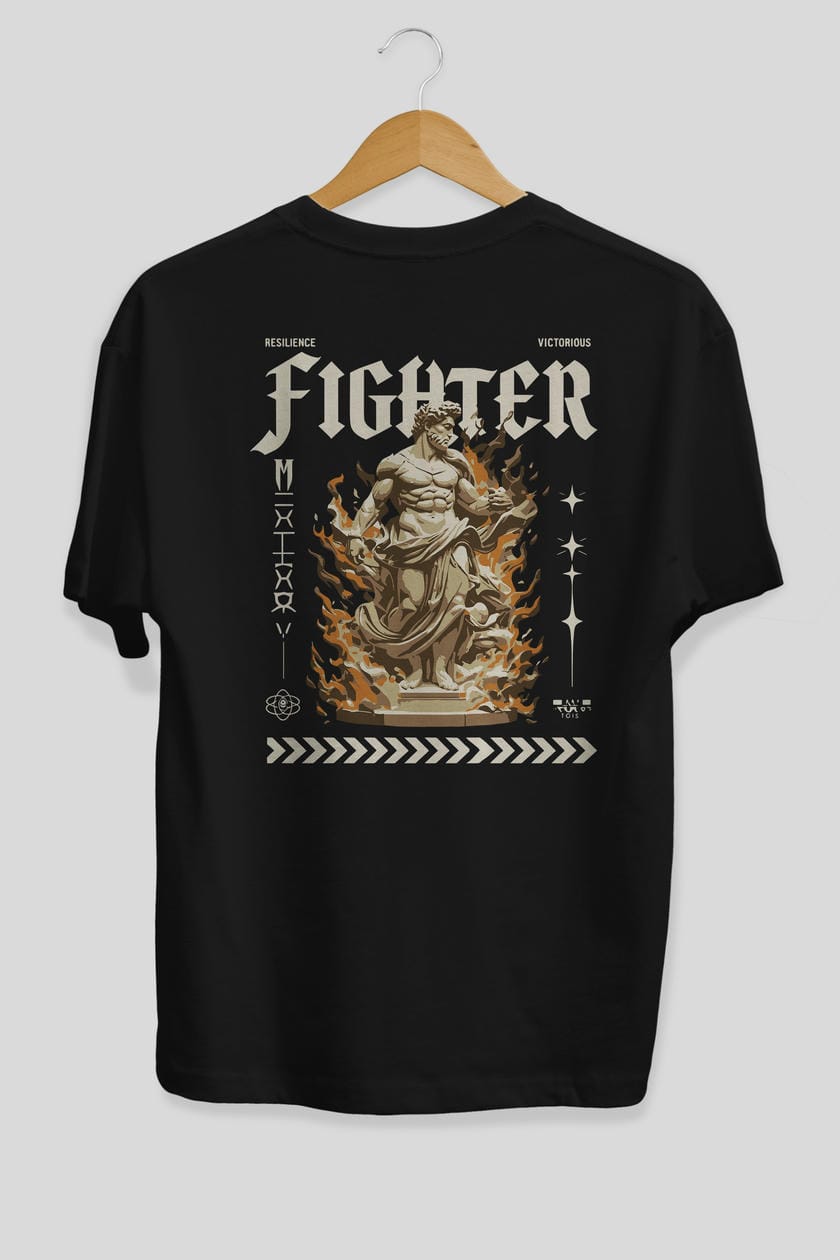 Fighter Arka Baskılı Oversize t-shirt Erkek Kadın %100 Pamuk Bisiklet Yaka tişort