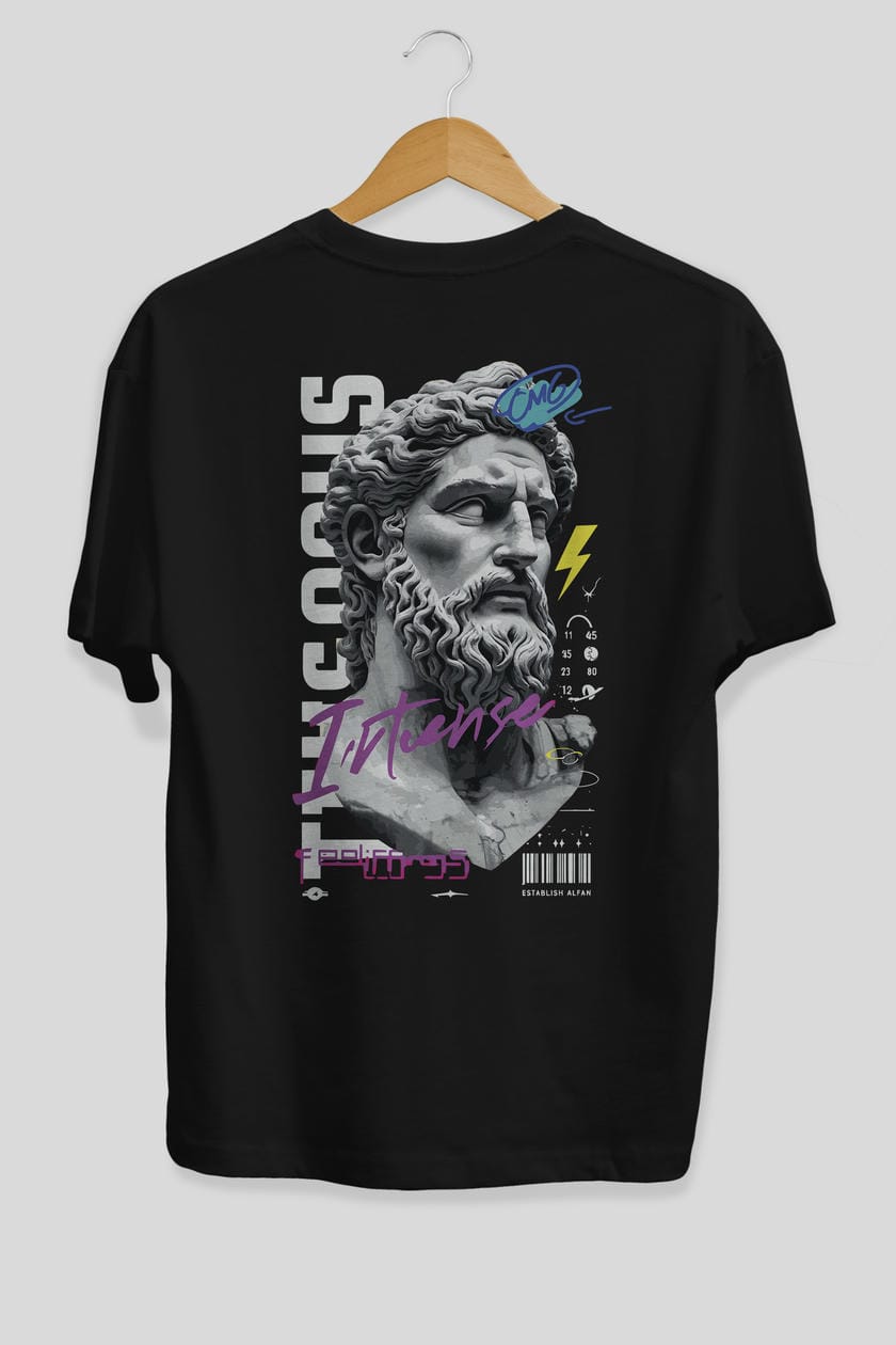 Zeus Intense Arka Baskılı Oversize t-shirt Erkek Kadın %100 Pamuk Bisiklet Yaka tişort