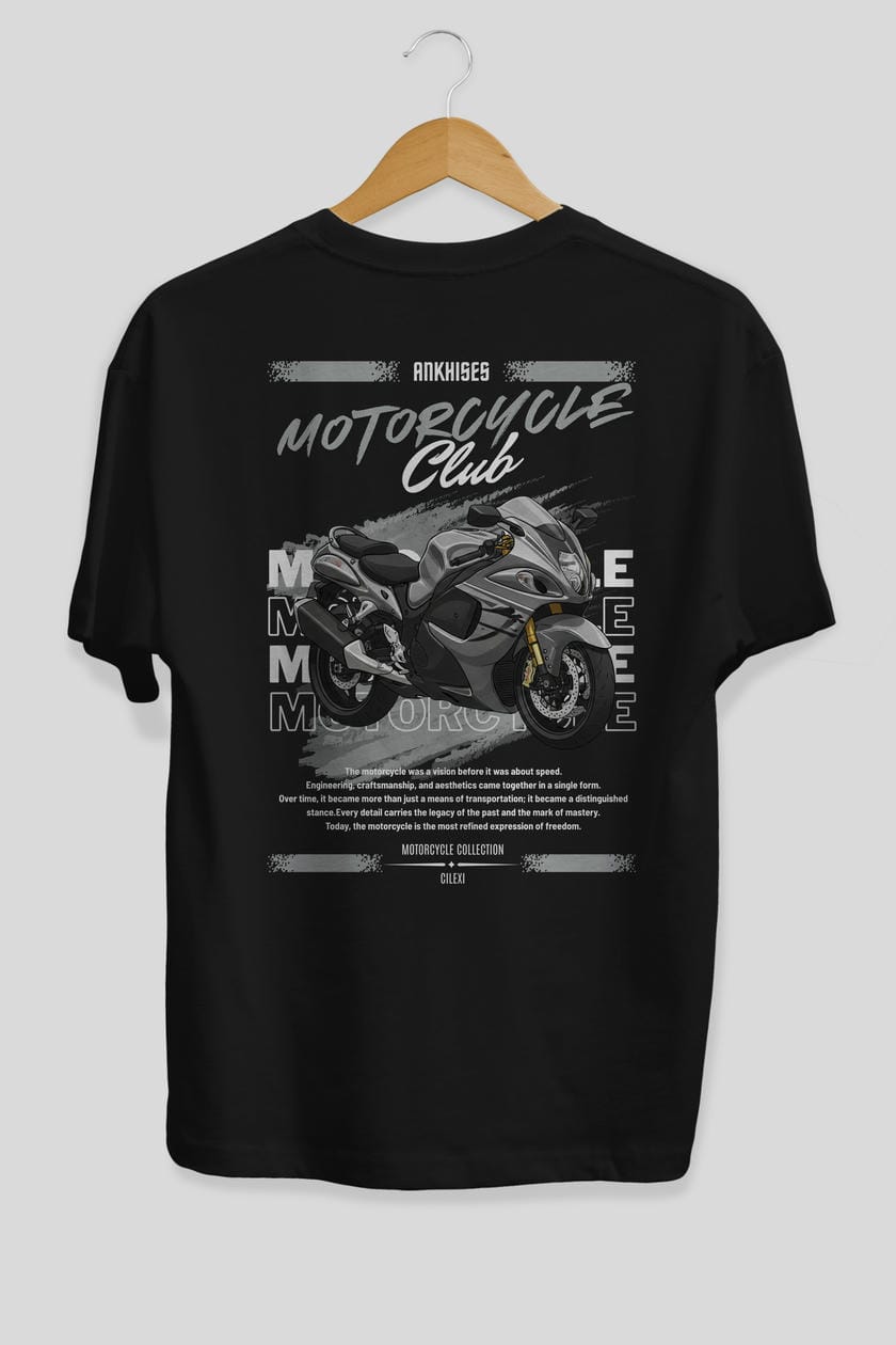 Motosiklet Serisi 9 Arka Baskılı Oversize t-shirt Erkek Kadın %100 Pamuk Bisiklet Yaka tişort