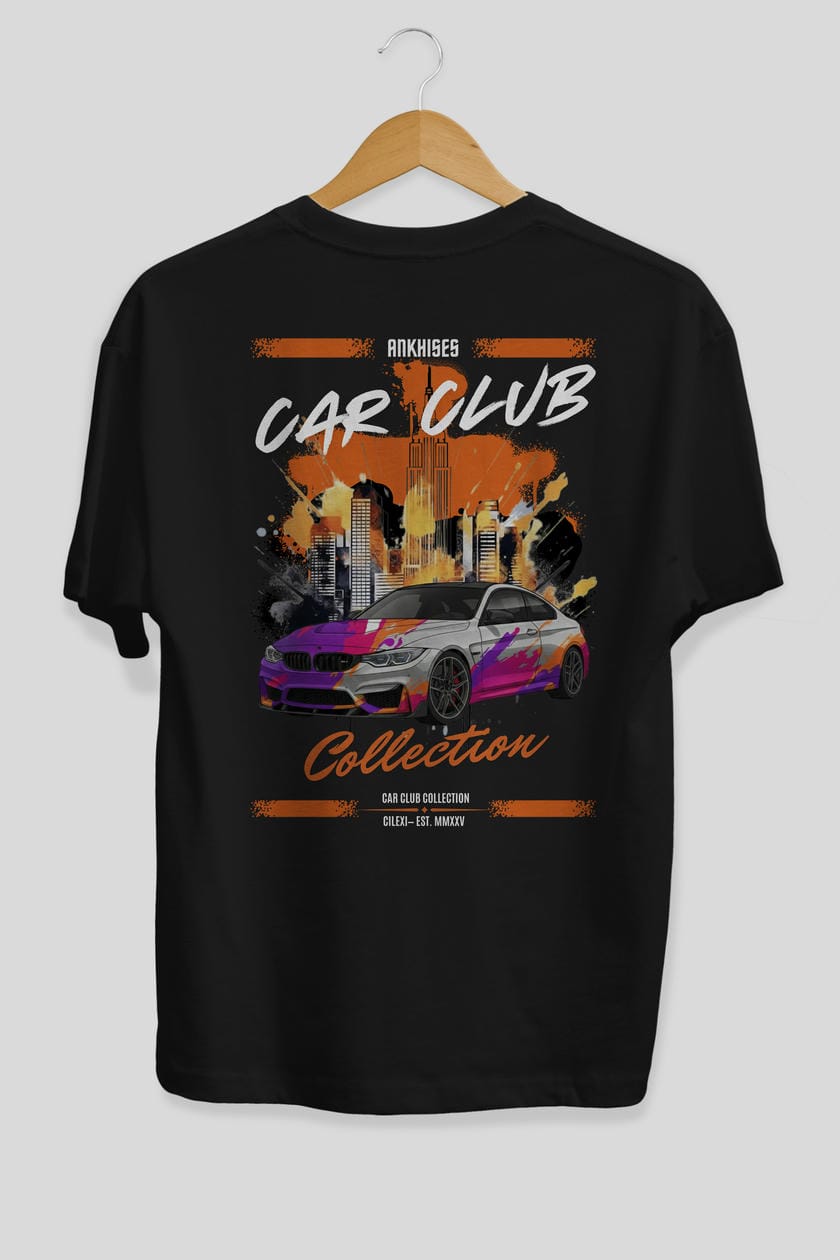 Araba Club Serisi 14 Baskılı Oversize t-shirt Erkek Kadın %100 Pamuk Bisiklet Yaka tişort