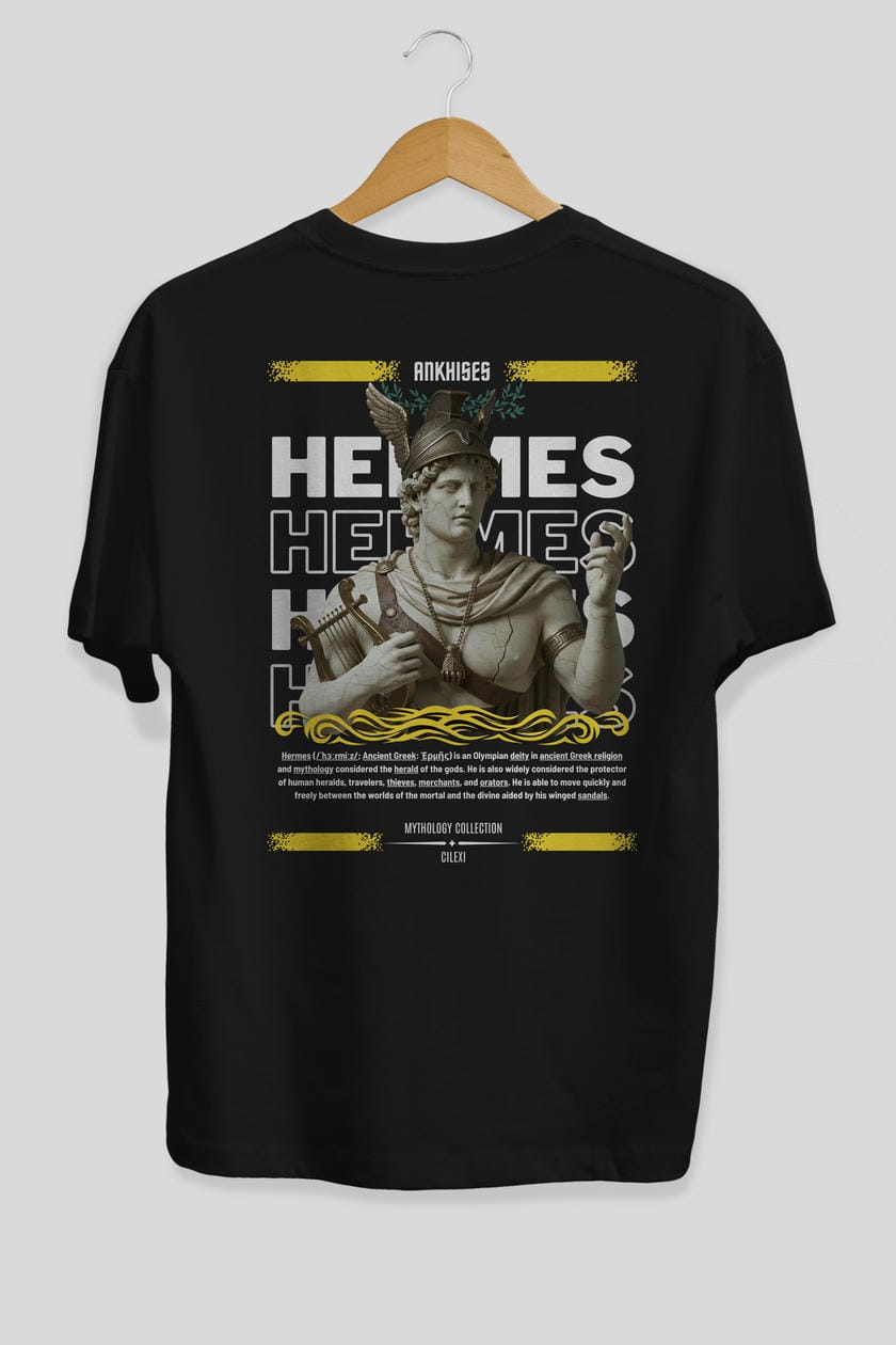 Hermes 2 Arka Baskılı Oversize t-shirt Erkek Kadın %100 Pamuk Bisiklet Yaka tişort