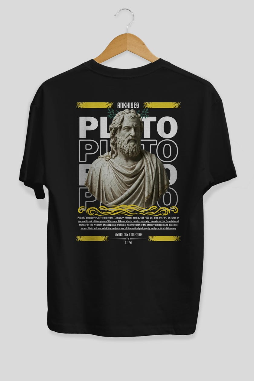 Plato 2 Arka Baskılı Oversize t-shirt Erkek Kadın %100 Pamuk Bisiklet Yaka tişort