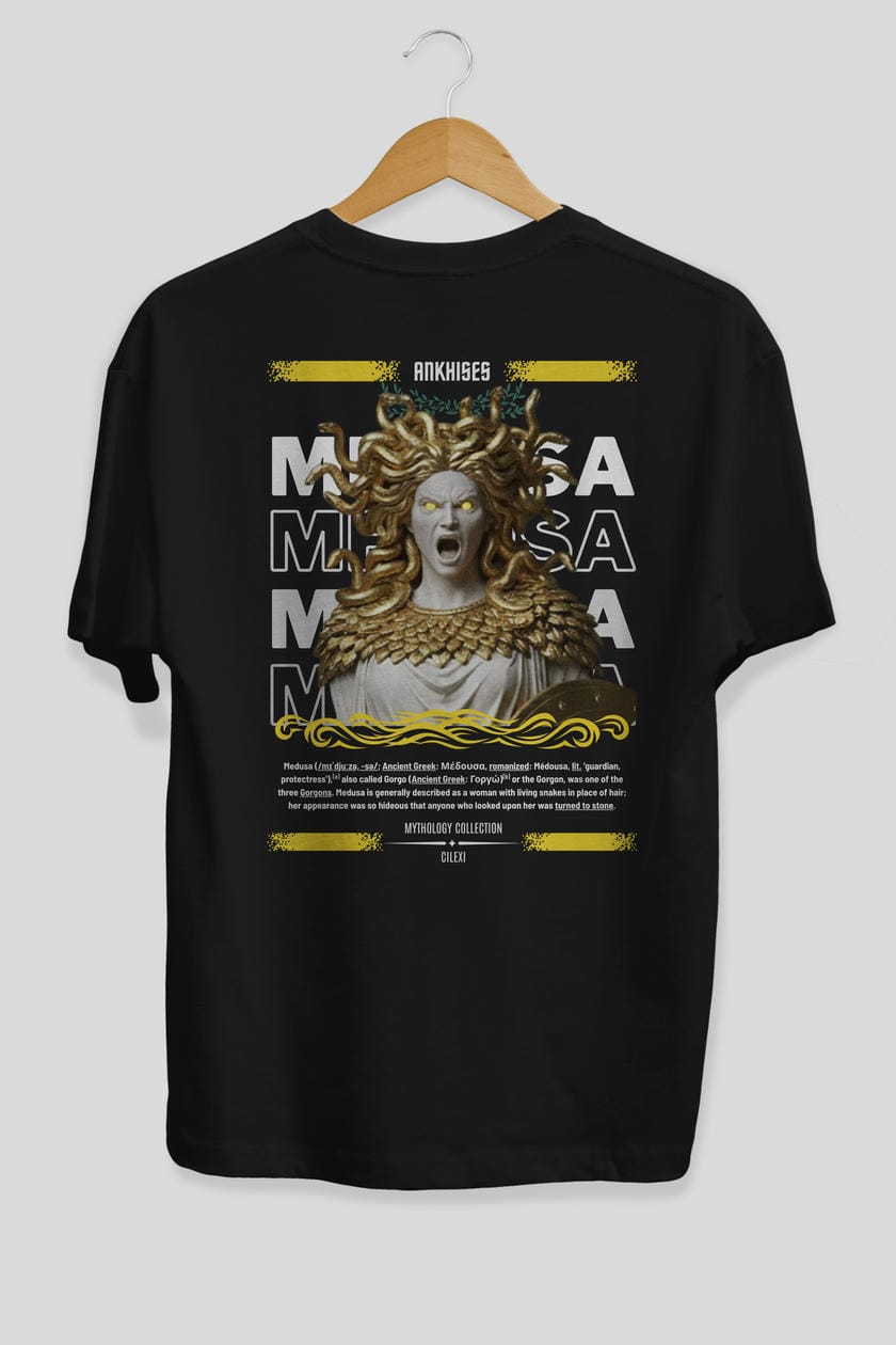 Medusa 1 Arka Baskılı Oversize t-shirt Erkek Kadın %100 Pamuk Bisiklet Yaka tişort