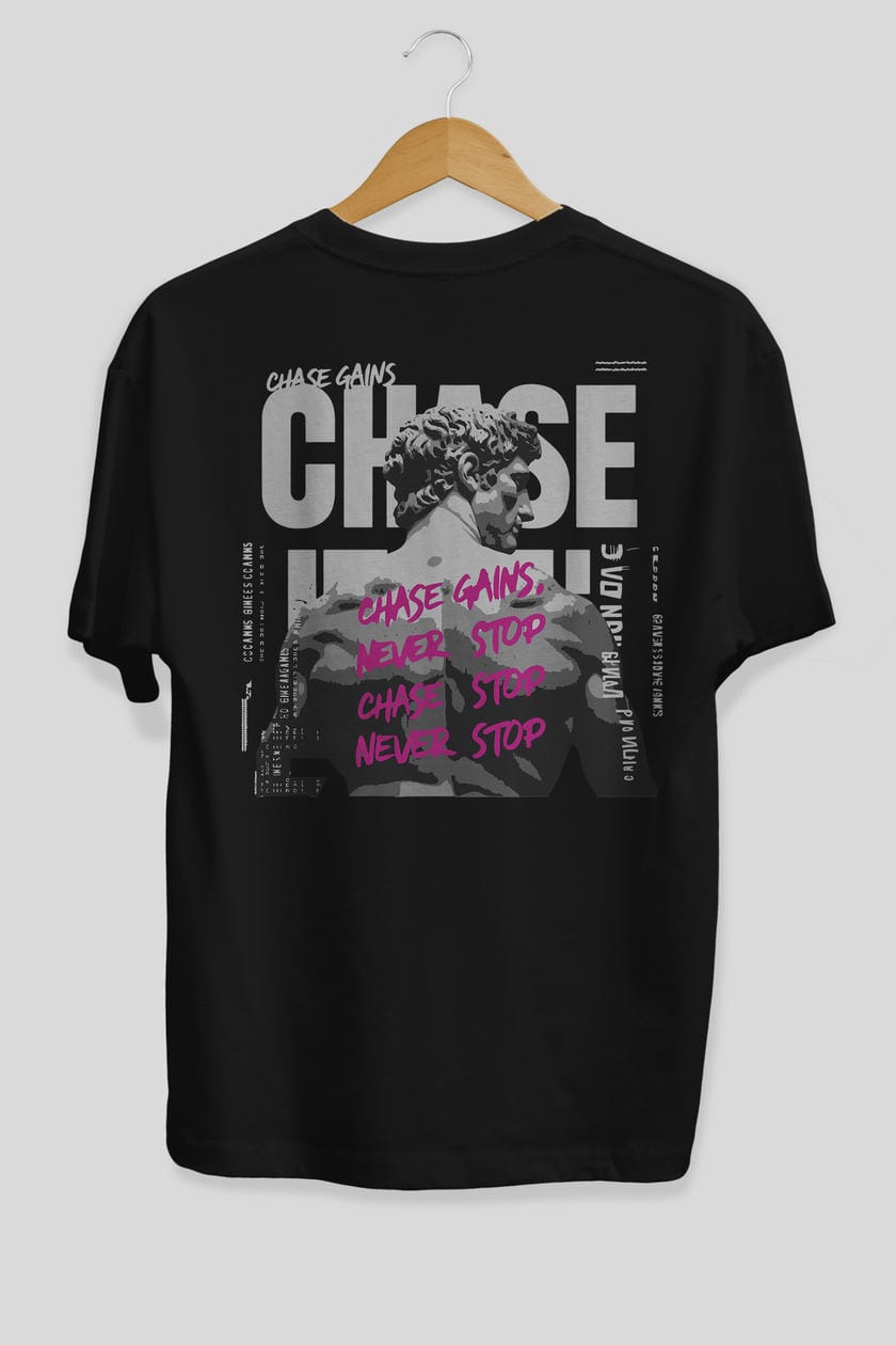 Chase Gains Arka Baskılı Oversize t-shirt Erkek Kadın %100 Pamuk Bisiklet Yaka tişort