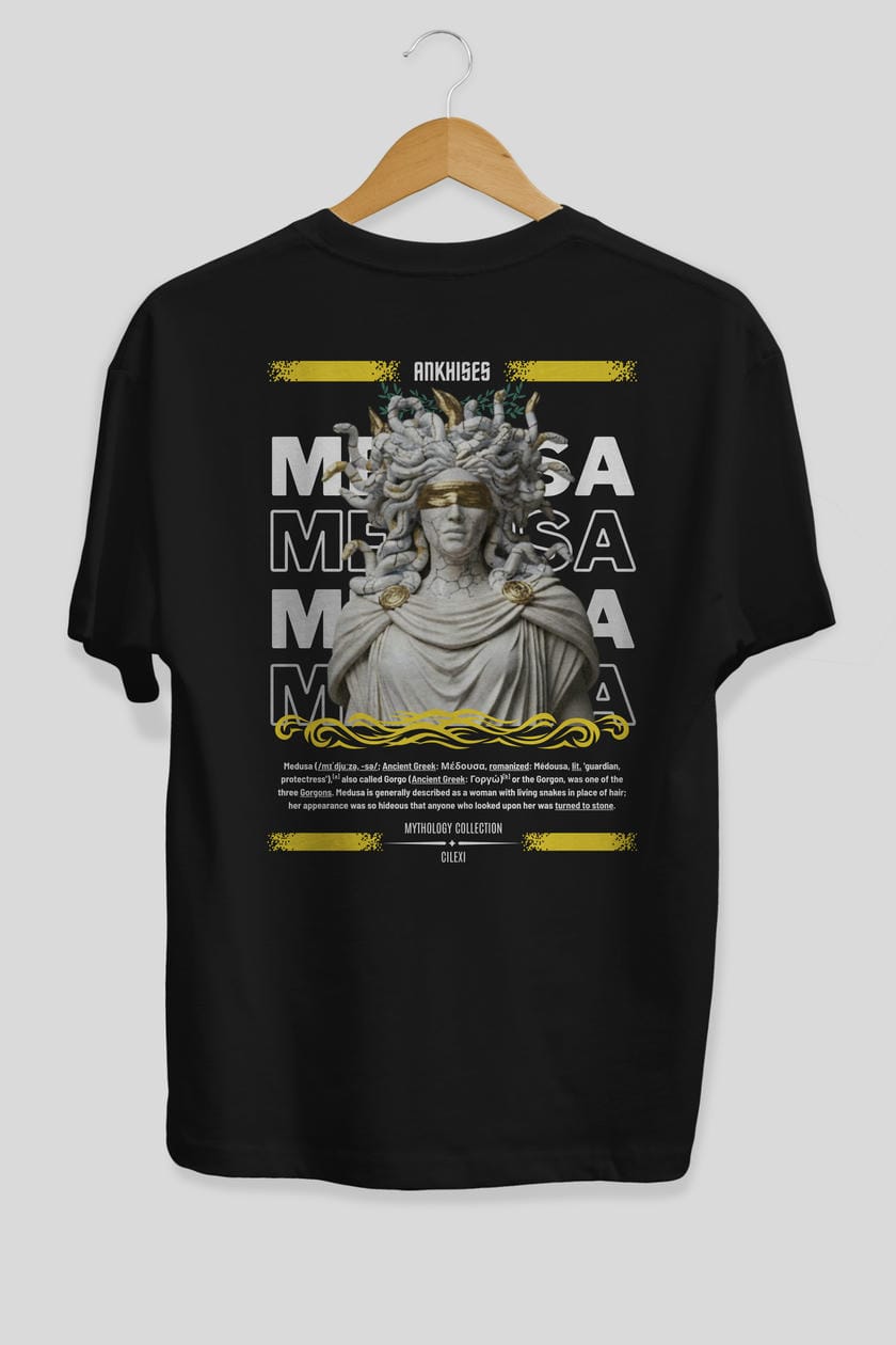 Medusa 2 Arka Baskılı Oversize t-shirt Erkek Kadın %100 Pamuk Bisiklet Yaka tişort