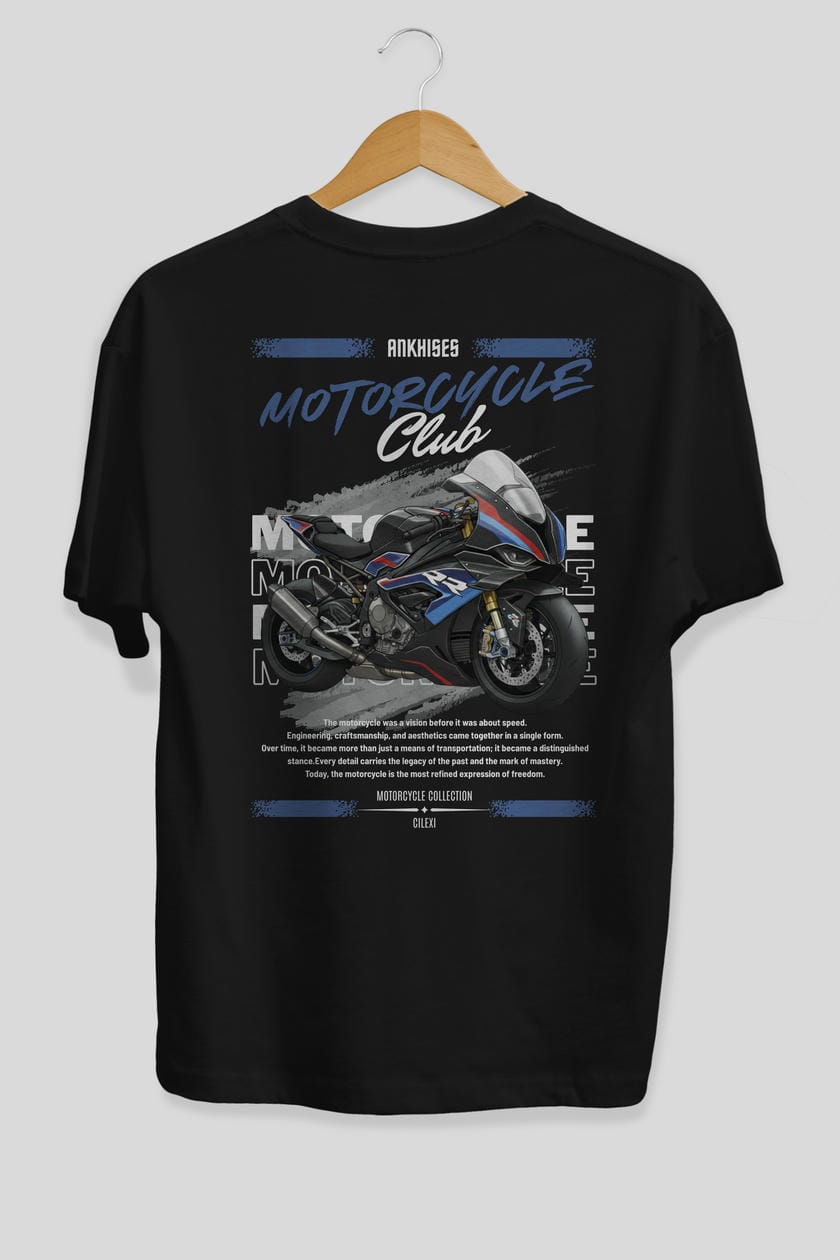 Motosiklet Serisi 1 Arka Baskılı Oversize t-shirt Erkek Kadın %100 Pamuk Bisiklet Yaka tişort