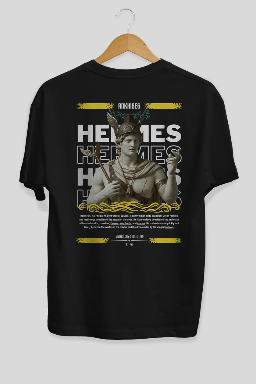 Hermes 1 Arka Baskılı Oversize t-shirt Erkek Kadın %100 Pamuk Bisiklet Yaka tişort