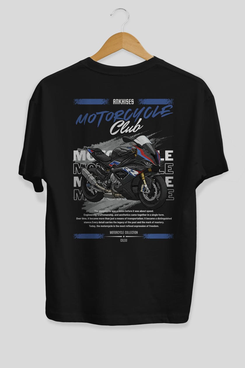 Motosiklet Serisi 2 Arka Baskılı Oversize t-shirt Erkek Kadın %100 Pamuk Bisiklet Yaka tişort
