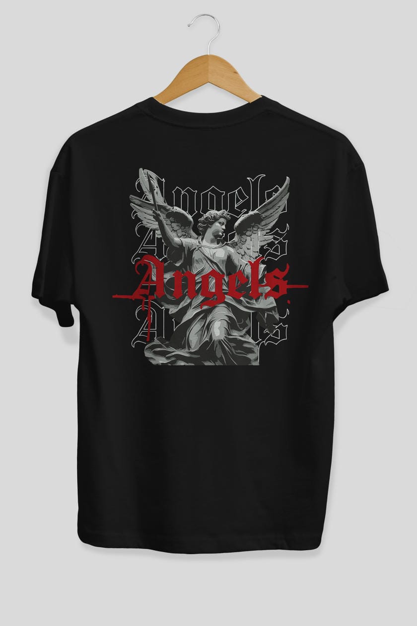 Angels Arka Baskılı Oversize t-shirt Erkek Kadın %100 Pamuk Bisiklet Yaka tişort