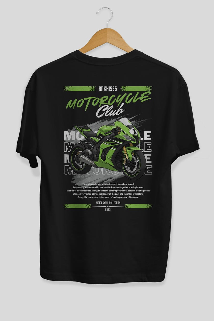 Motosiklet Serisi 6 Arka Baskılı Oversize t-shirt Erkek Kadın %100 Pamuk Bisiklet Yaka tişort