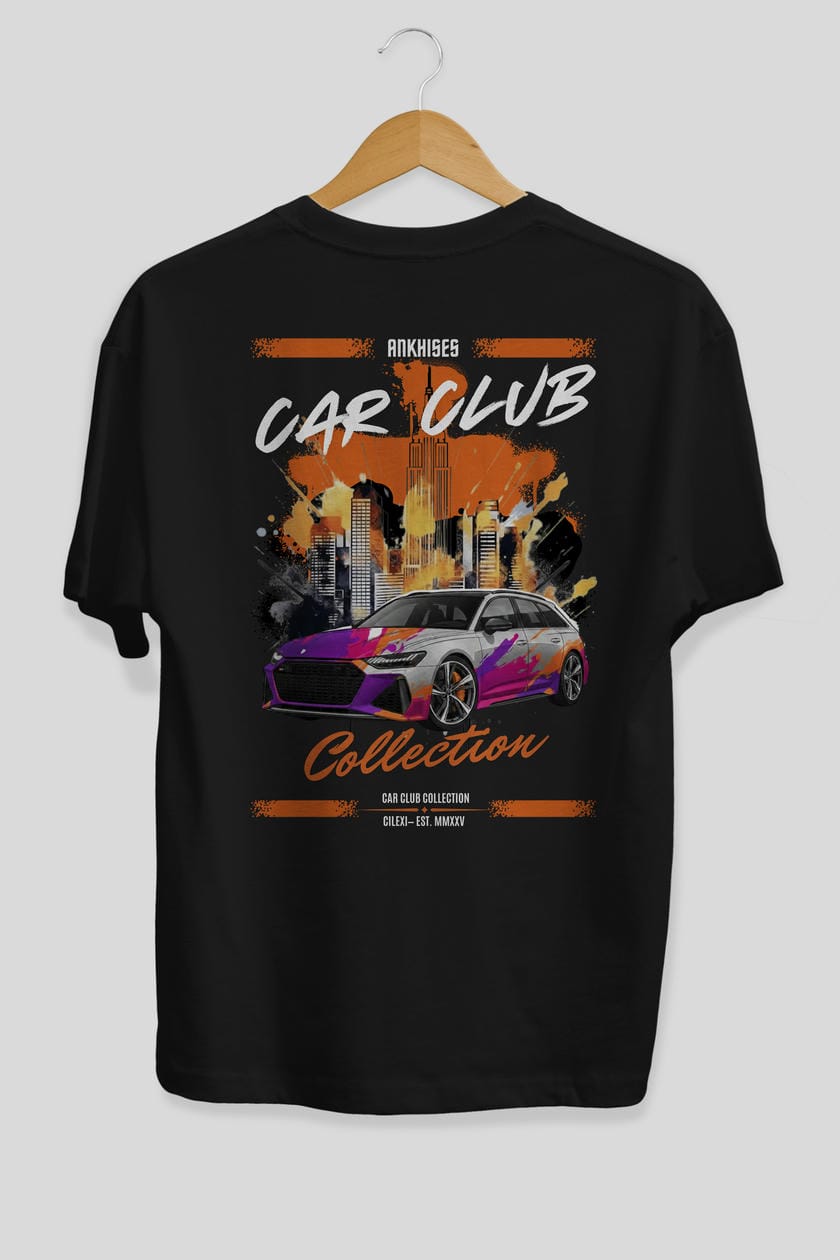 Araba Club Serisi 3 Baskılı Oversize t-shirt Erkek Kadın %100 Pamuk Bisiklet Yaka tişort