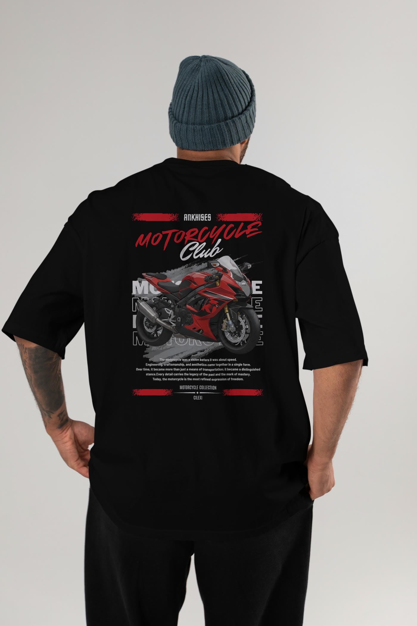 Motosiklet Serisi 5 Arka Baskılı Oversize t-shirt Erkek Kadın %100 Pamuk Bisiklet Yaka tişort