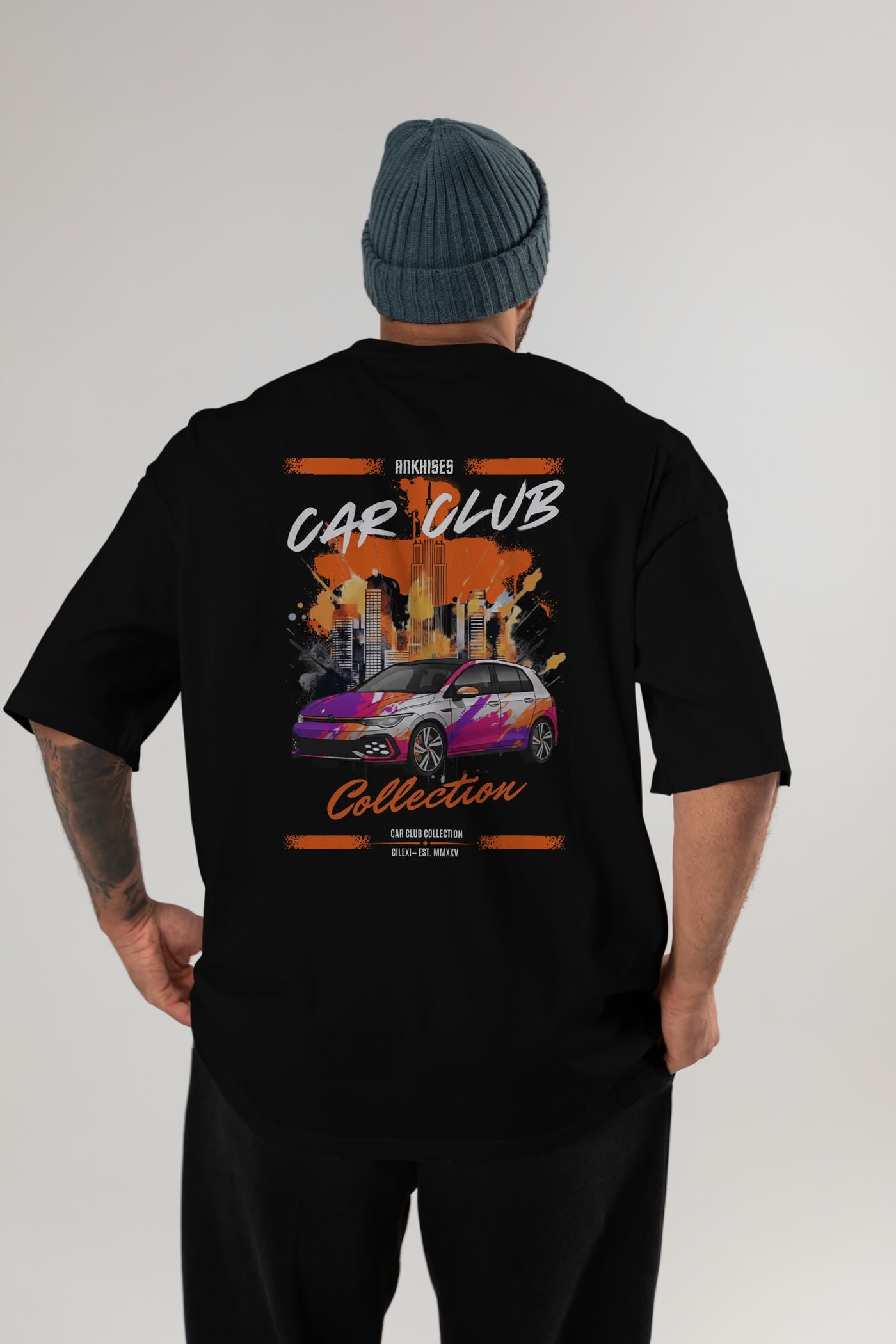Araba Club Serisi 8 Baskılı Oversize t-shirt Erkek Kadın %100 Pamuk Bisiklet Yaka tişort