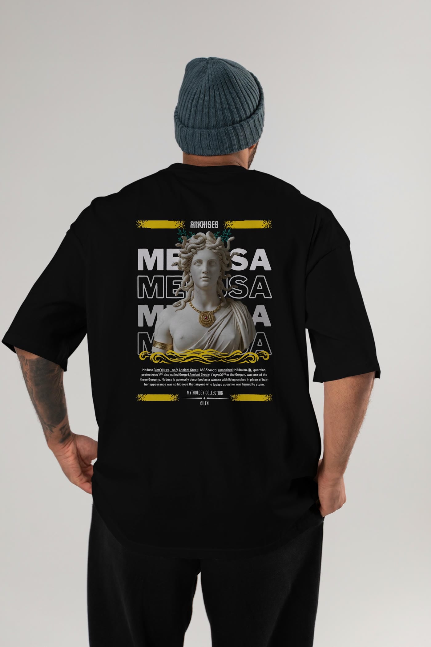 Medusa 3 Arka Baskılı Oversize t-shirt Erkek Kadın %100 Pamuk Bisiklet Yaka tişort
