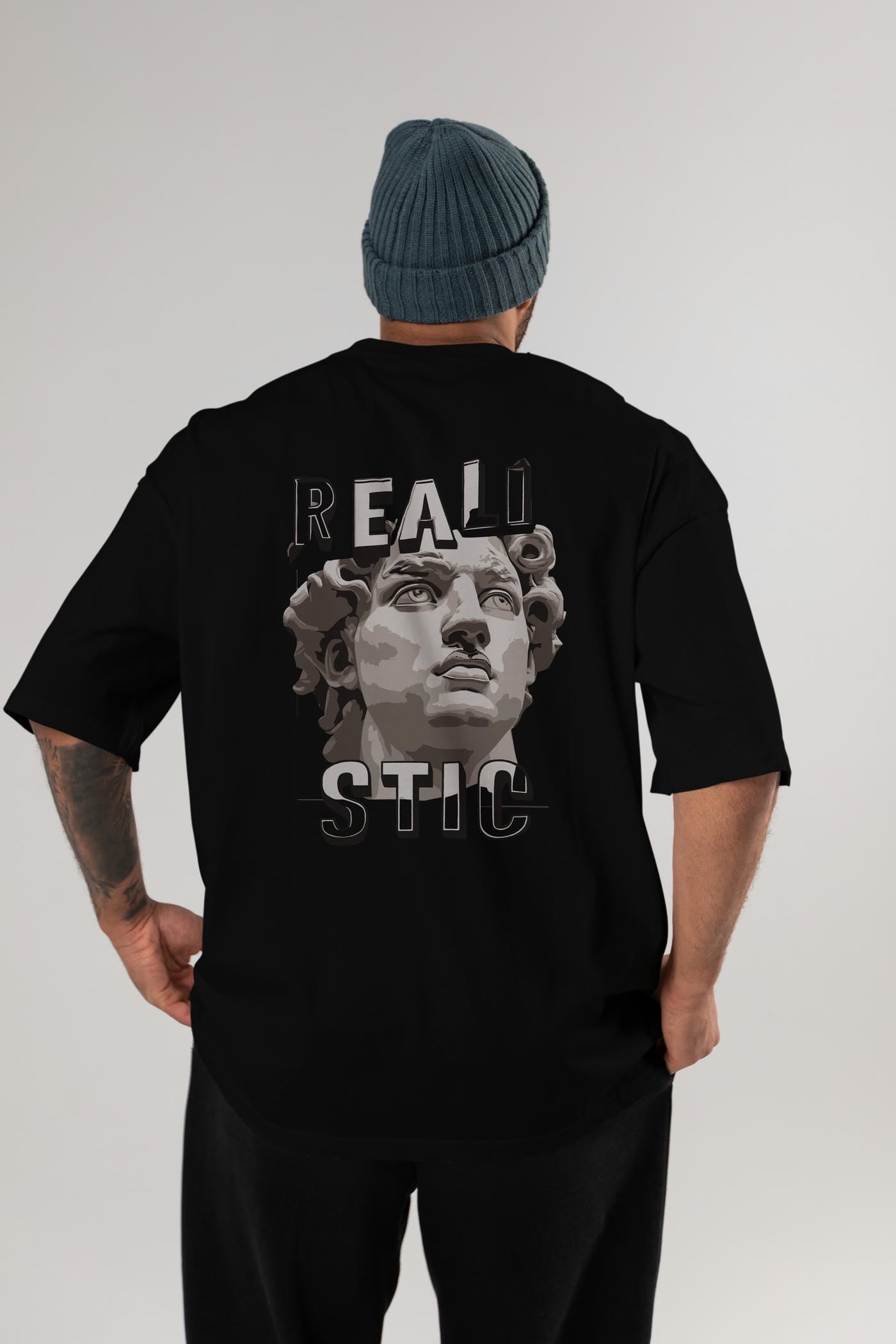 Realistic Arka Baskılı Oversize t-shirt Erkek Kadın %100 Pamuk Bisiklet Yaka tişort
