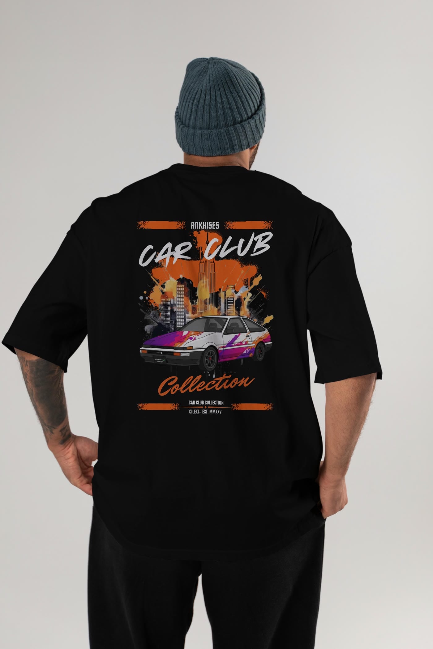 Araba Club Serisi 37 Baskılı Oversize t-shirt Erkek Kadın %100 Pamuk Bisiklet Yaka tişort