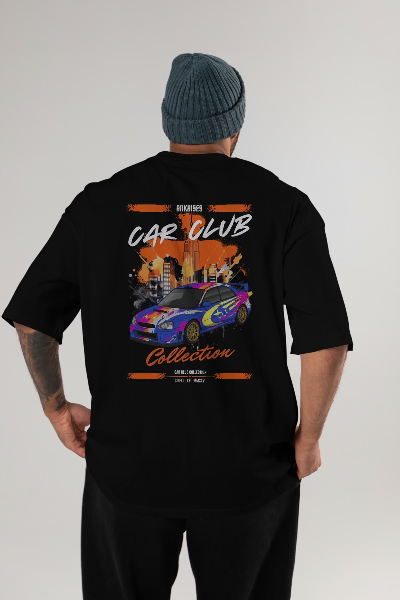Araba Club Serisi 7 Baskılı Oversize t-shirt Erkek Kadın %100 Pamuk Bisiklet Yaka tişort