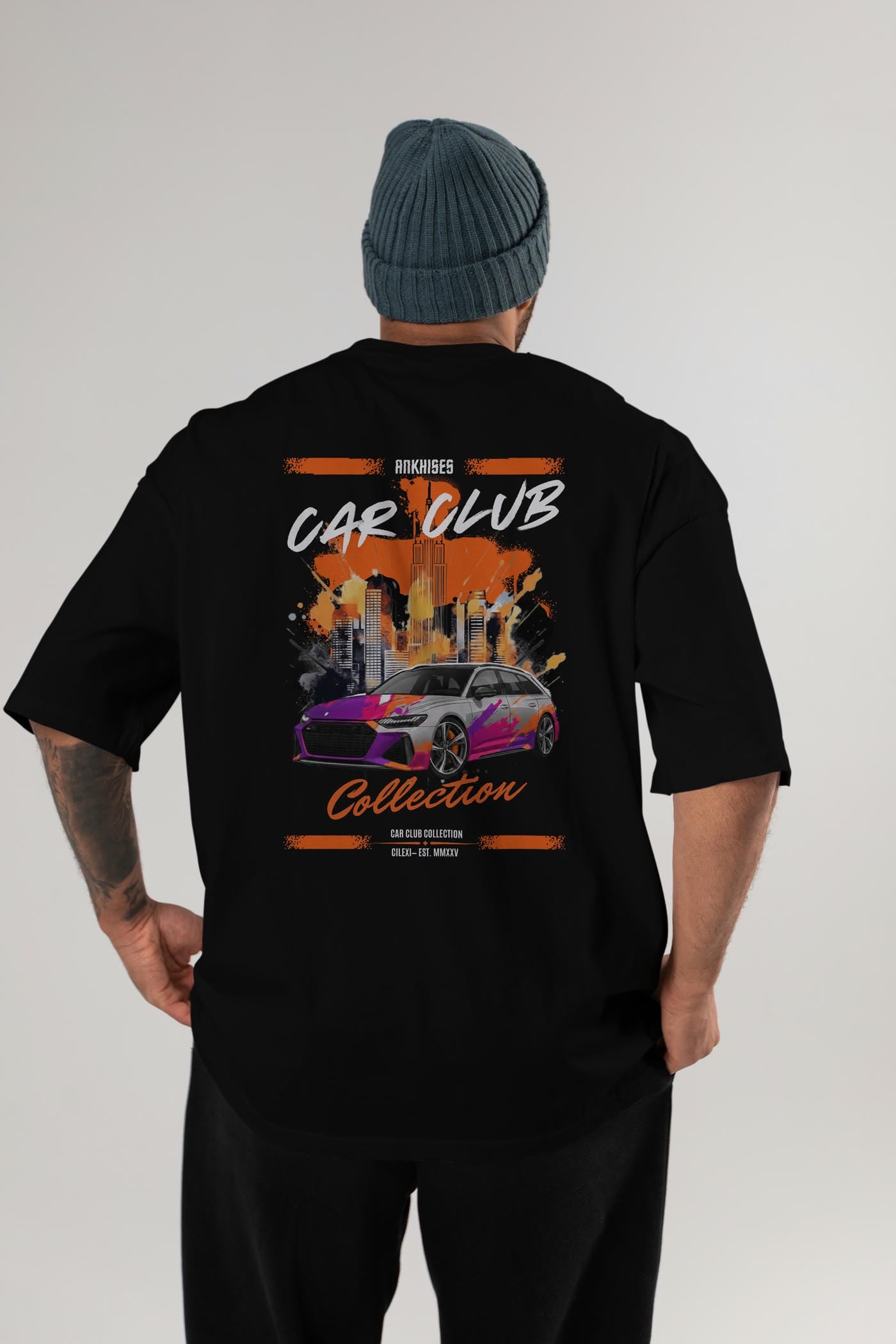 Araba Club Serisi 3 Baskılı Oversize t-shirt Erkek Kadın %100 Pamuk Bisiklet Yaka tişort