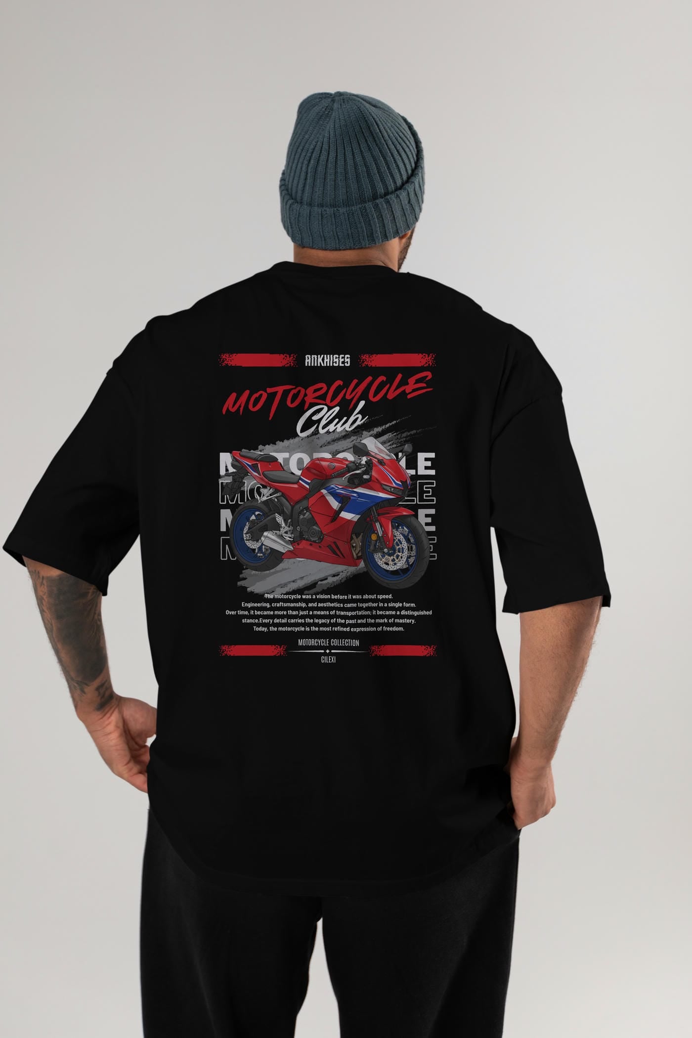 Motosiklet Serisi 24 Arka Baskılı Oversize t-shirt Erkek Kadın %100 Pamuk Bisiklet Yaka tişort