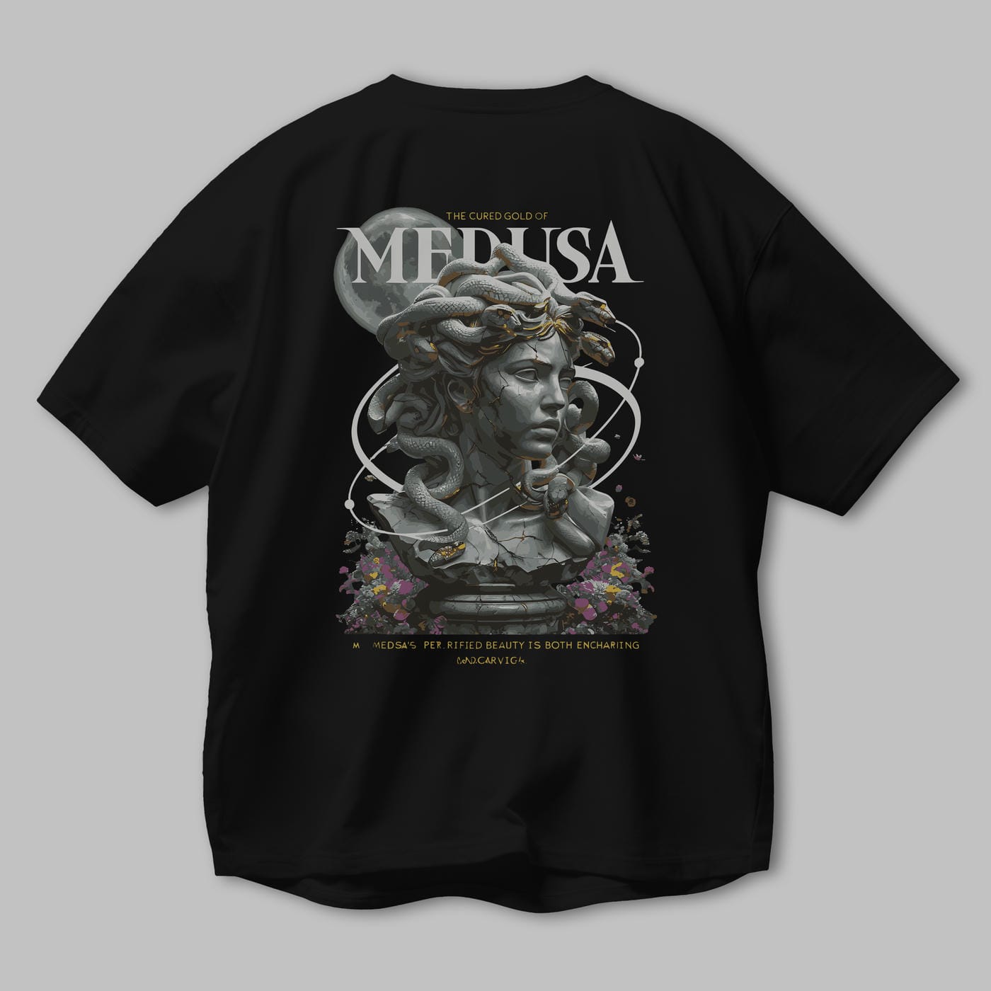 Medusa Arka Baskılı Oversize t-shirt Erkek Kadın %100 Pamuk Bisiklet Yaka tişort