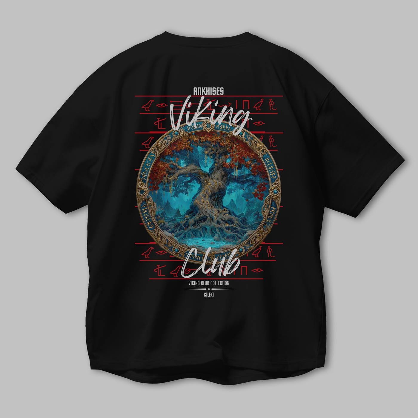 Yggdrasil Arka Baskılı Oversize t-shirt Erkek Kadın %100 Pamuk Bisiklet Yaka tişort