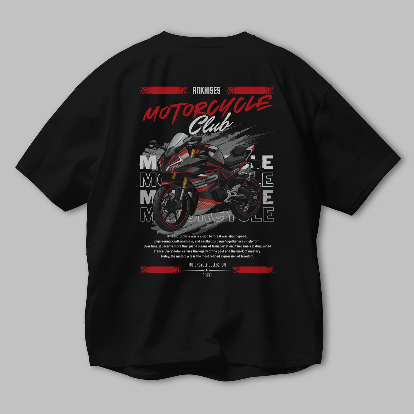 Motosiklet Serisi 17 Arka Baskılı Oversize t-shirt Erkek Kadın %100 Pamuk Bisiklet Yaka tişort