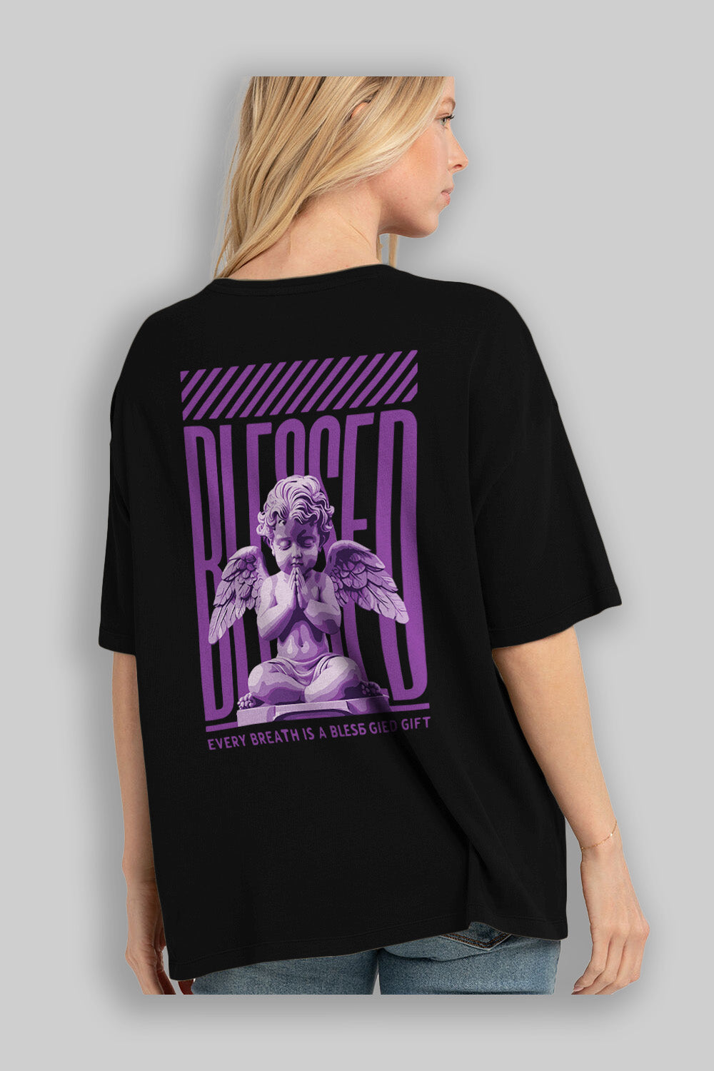 Blessed Arka Baskılı Oversize t-shirt Erkek Kadın %100 Pamuk Bisiklet Yaka tişort