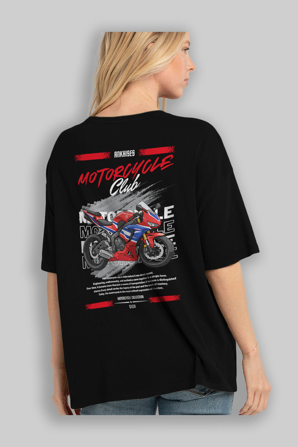 Motosiklet Serisi 25 Arka Baskılı Oversize t-shirt Erkek Kadın %100 Pamuk Bisiklet Yaka tişort