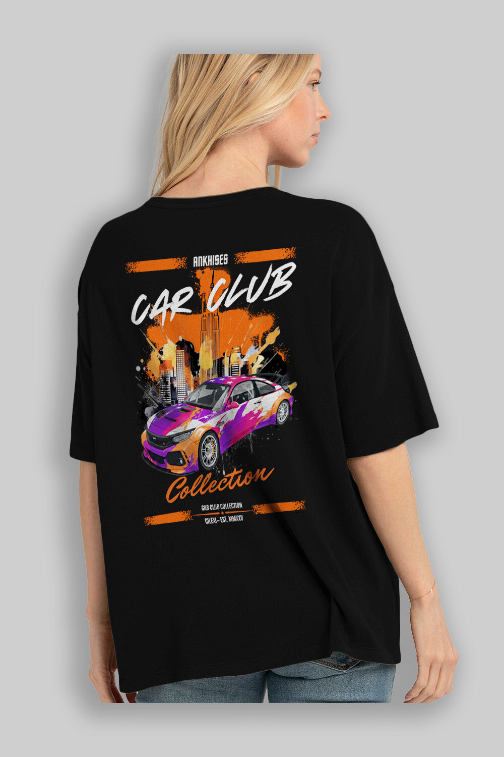 Araba Club Serisi 9 Baskılı Oversize t-shirt Erkek Kadın %100 Pamuk Bisiklet Yaka tişort