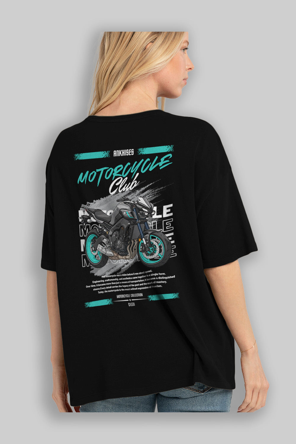 Motosiklet Serisi 21 Arka Baskılı Oversize t-shirt Erkek Kadın %100 Pamuk Bisiklet Yaka tişort